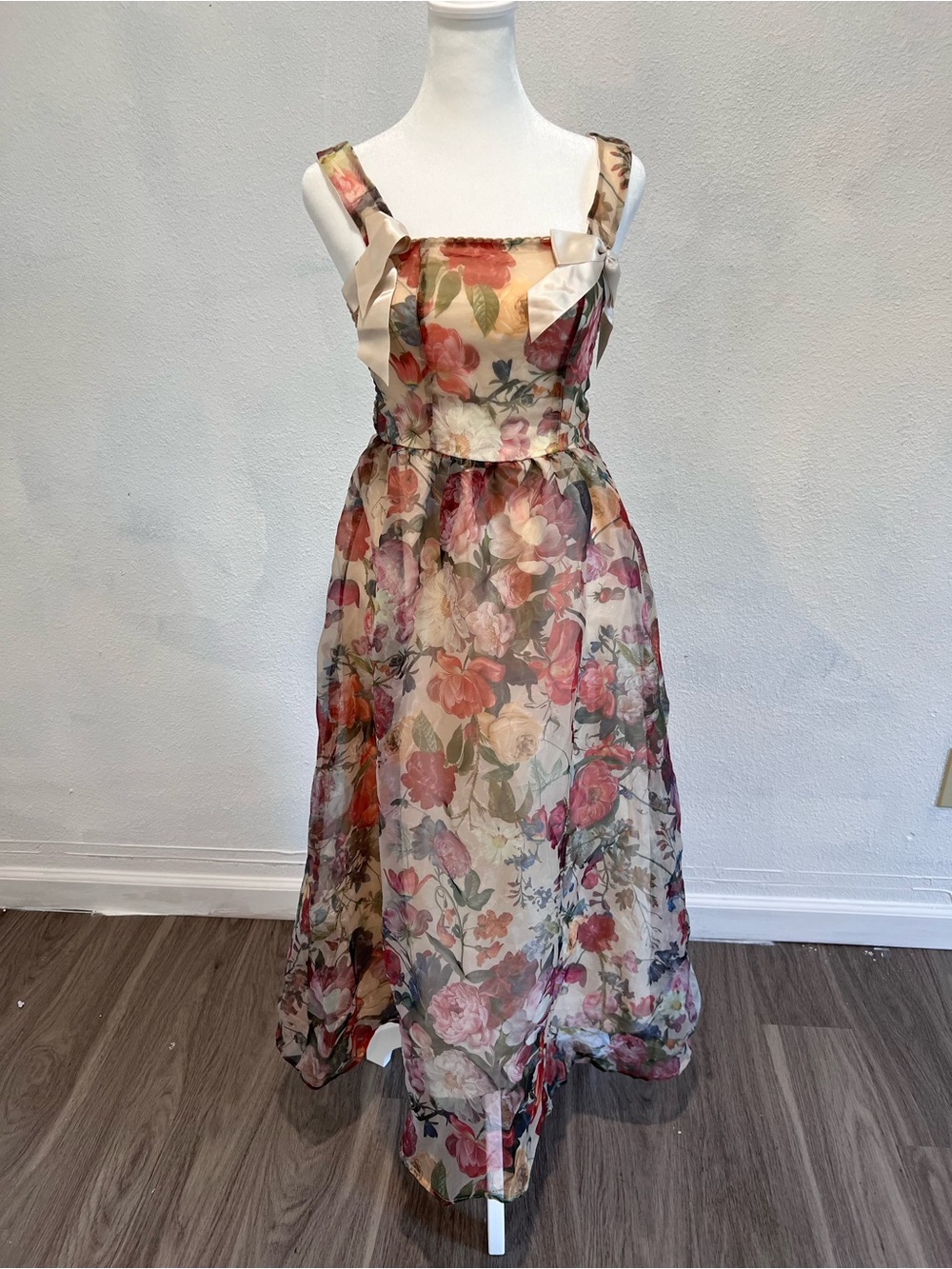 Floral Sheer Maxi Dress in Cream and Pink